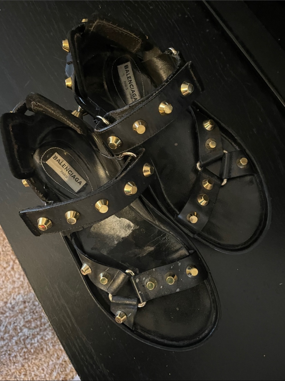 Balenciaga Black Leather Studded Sandals with Gold-Tone Hardware
